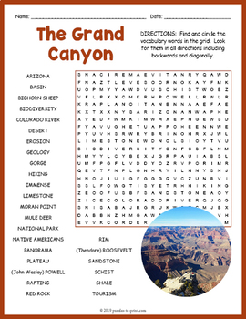 THE GRAND CANYON Word Search Puzzle Worksheet Activity by Puzzles to Print