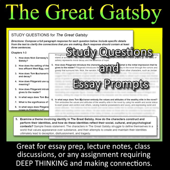 Preview of THE GREAT GATSBY Study Questions & Essay Prompts (review, test, lecture) DOCX