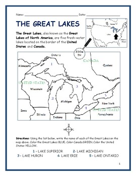 Preview of THE GREAT LAKES Printable Worksheet with map