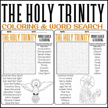 THE HOLY TRINITY coloring & word search puzzle worksheets activities