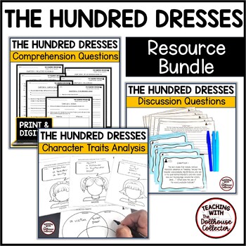 Preview of The Hundred Dresses Book Study Comprehension Worksheets and Task Cards Bundle