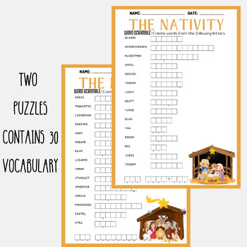 THE NATIVITY word scramble puzzle worksheet activity by Mind Games Studio