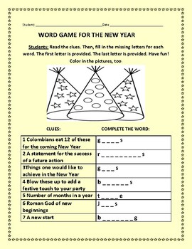 Preview of THE NEW YEAR: A WORD GAME   W/CLUES & ANS. KEY  GRS. 3-7, ELA, & ESL