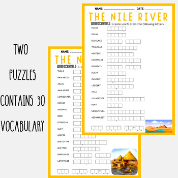THE NILE RIVER word scramble puzzle worksheet activity by Mind Games Studio