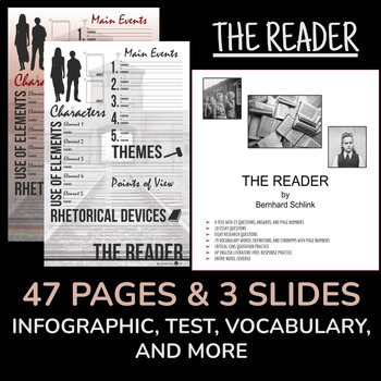 Preview of THE READER by Bernhard Schlink | vocabulary, infographic, assessments, ELA