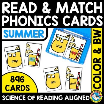 Preview of THE SCIENCE OF READING CENTERS PHONICS SUMMER TASK CARDS WORD WORK READ & MATCH