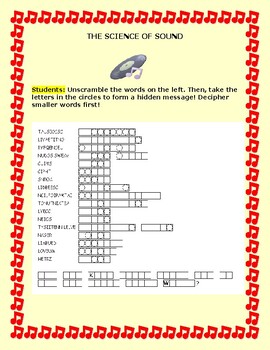 Preview of THE SCIENCE OF SOUND: A  STEM VOCABULARY WORD JUMBLE PUZZLE. MG, GRS.4-8