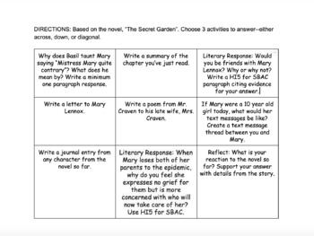 Preview of THE SECRET GARDEN | WRITING CHOICE BOARD