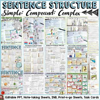 Preview of Sentence Structure Worksheets Taskcards PowerPoint INB Simple Compound & Complex