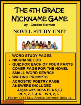 Preview of THE 6th GRADE NICKNAME GAME by Gordon Korman - Novel Study