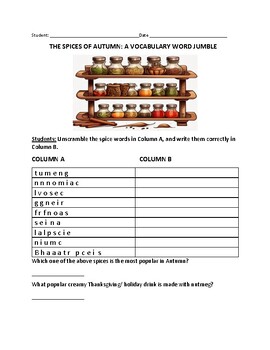 Preview of THE SPICES OF AUTUMN: A  VOCABULARY JUMBLE/ GRS. 7-12, COOKING/CULLINARY
