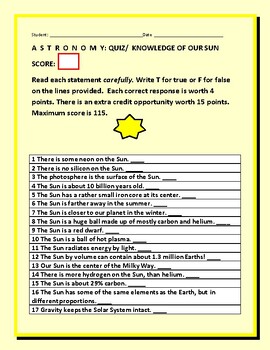 Preview of THE SUN: AN ASTRONOMY ASSESSMENT/  GRS. 6-12 W/ANSWER KEY