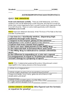 Preview of THE UNIVERSE: AN ASTRONOMY QUIZ/ GRADES 6-12, MG, GIFTED & ASTRONOMY CLUB