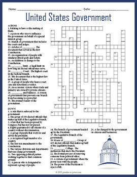Preview of (3rd, 4th, 5th, 6th Grade) US GOVERNMENT & CIVICS Crossword Puzzle Worksheet