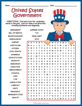 Preview of (3rd, 4th, 5th, 6th Grade) US GOVERNMENT & CIVICS Word Search Worksheet Activity