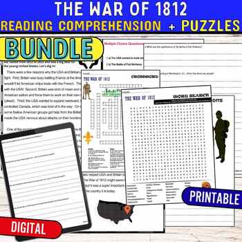 Preview of THE WAR OF 1812 Reading Comprehension Passage,PUZZLES,Quiz,DIGITAL. BUNDLE