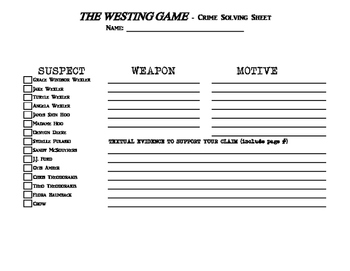 Preview of THE WESTING GAME - Crime Solving Sheet
