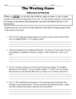 Preview of THE WESTING GAME: Inferences Worksheet