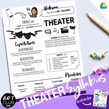 Preview of THEATER SYLLABUS Template | Editable B&W Version + Watercolor Version