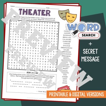 Preview of THEATER Word Search Puzzle Activity Vocabulary Worksheet With Secret Message