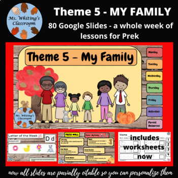 Preview of THEME 5 MY FAMILY 80 GOOGLE SLIDES FOR PREK AND SPECIAL ED DISTANCE LEARNING