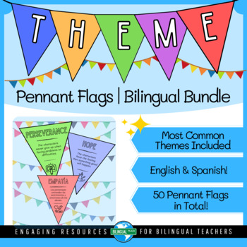 Preview of THEME PENNANT FLAGS for Reading Corner - Bilingual Bundle Classroom Decor