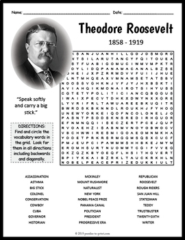 Preview of THEODORE ROOSEVELT Biography Word Search Puzzle Worksheet Activity