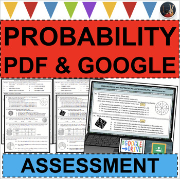 Preview of THEORETICAL EXPERIMENTAL PROBABILITY PreTEST & TEST (PDF & GOOGLE SLIDES)