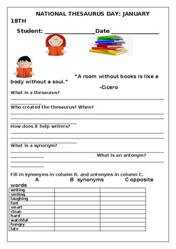 Preview of THESAURUS DAY: AN ELA ACTIVITY/ GRADES 4-8