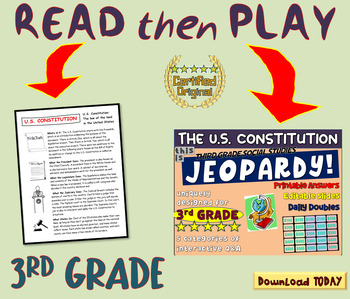 Preview of THIRD GRADE SOCIAL STUDIES JEOPARDY! "THE U.S. CONSTITUTION" handouts & Slides