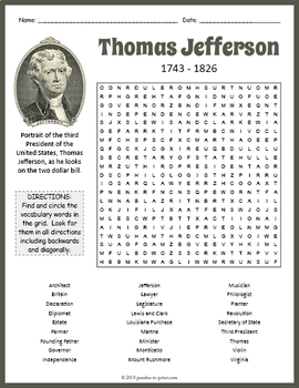 Preview of THOMAS JEFFERSON Biography Word Search Puzzle Worksheet Activity