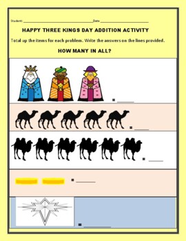 Preview of THREE KINGS DAY MATH ACTIVITY: HOW MANY IN ALL?  PRE-K, K- 2
