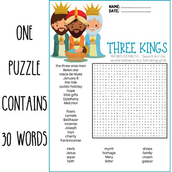 THREE KINGS DAY word search puzzle worksheets activities, EPIPHANY