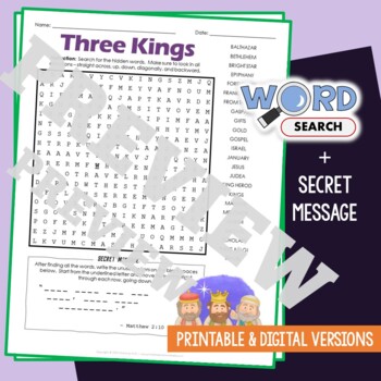 Preview of THREE KINGS / WISE MEN Word Search Puzzle Activity Worksheet With Secret Message