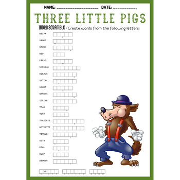 THREE LITTLE PIGS word scramble puzzle worksheet activity by PRINT