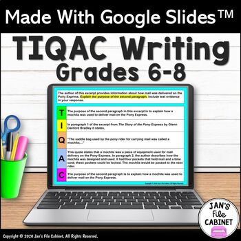 Preview of TIQA C Writing Strategy Practice and Reading Passages GRADES 6-8 Google Slides