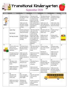 Preview of TK /Pre-K Transitional Kindergarten Monthly Homework Calendars 20-21 En/ Spanish