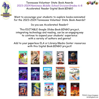 Preview of TN Volunteer State Book Award 2024 Nominees Grades 6-8 Digital Book BINGO
