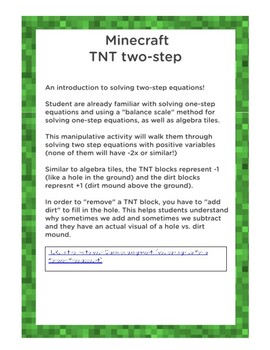 Preview of TNT Minecraft two-step equations