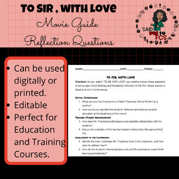 Preview of TO SIR, WITH LOVE Reflection Questions/Movie Guide (IPET)