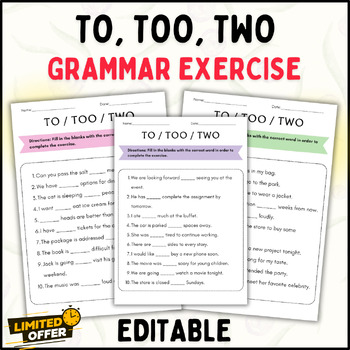 Preview of TO, TOO, TWO Grammar Exercise Worksheets: Editable (PPT and PDF)