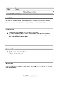 Preview of TOEFL Writing Lesson plan - Opinion Essay Writing