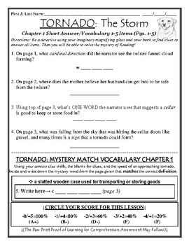 TORNADO by Betsy Byars Comprehension/Short Answer/Vocabulary Assessment ...