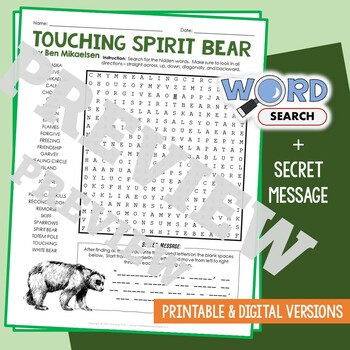 Preview of TOUCHING SPIRIT BEAR Word Search Puzzle Novel, Book Review Activity Worksheet