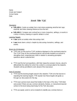 Preview of TQE/Novel Study Observation Lesson Plan EDITABLE!