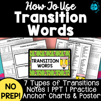 Preview of TRANSITION WORDS LESSON Notes PPT Practice Anchor Chart Test Prep No Prep