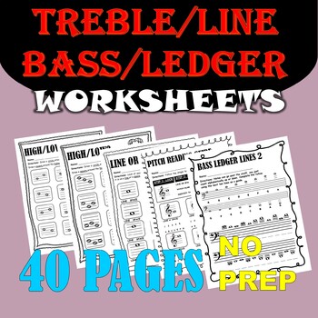 Preview of 40 TREBLE/LINE/BASS/LEDGER music theory worksheets: PDF & Digital