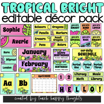 Preview of TROPICAL Bright Colorful Color School Theme Classroom DECOR Pack EDITABLE Slides