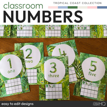 Preview of Modern Tropical Theme Classroom Decor Number Posters | TROPICAL COAST