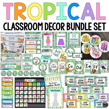 Preview of TROPICAL Classroom Decor Growing Bundle